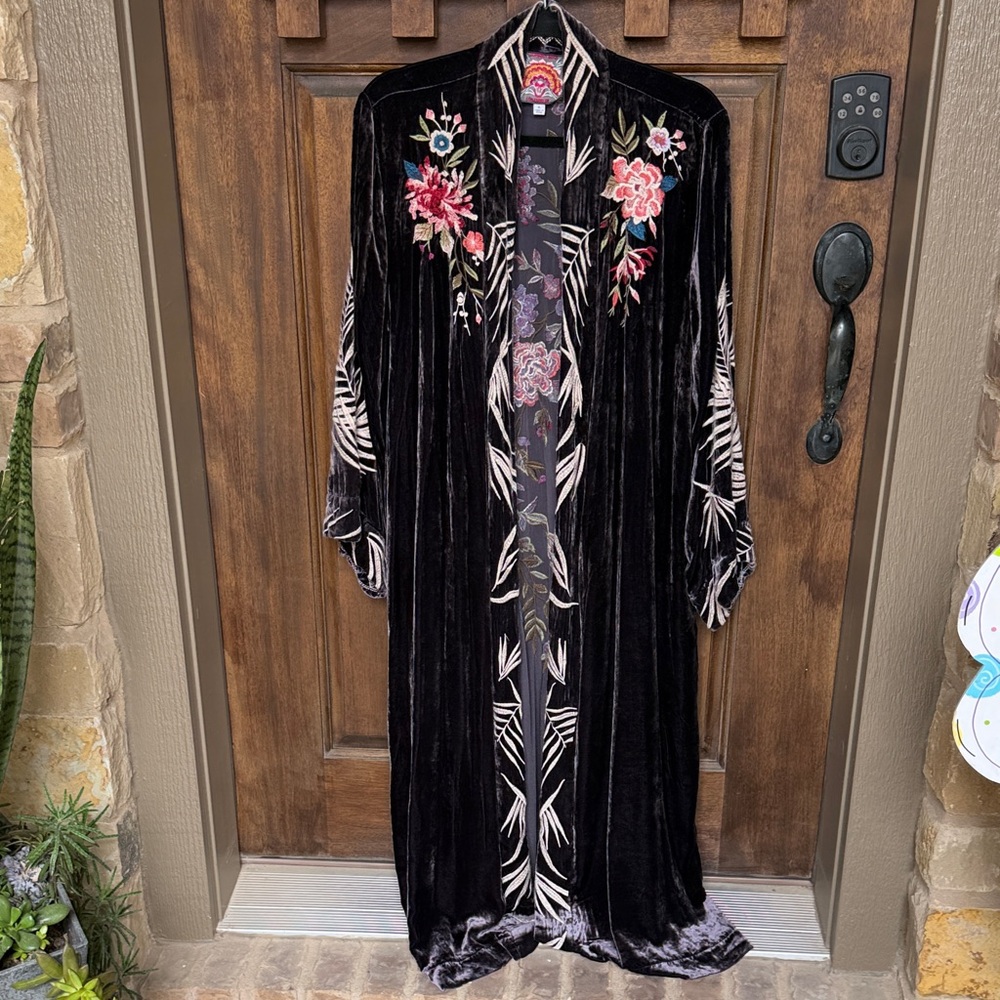 Johnny Was Plum Velvet Kimono with Floral Embroidery
